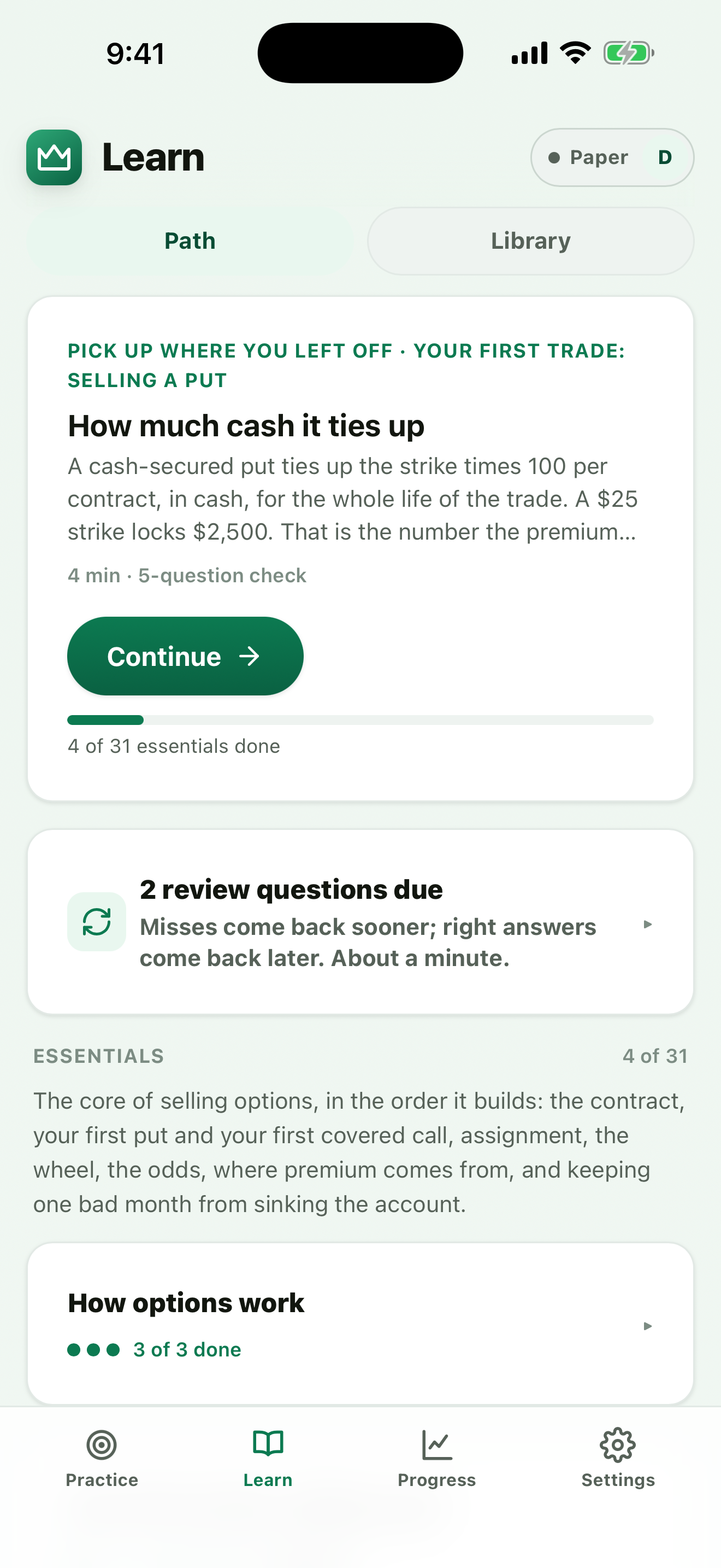 OptionsKing Learn tab with a course path, short lessons and five-question checks