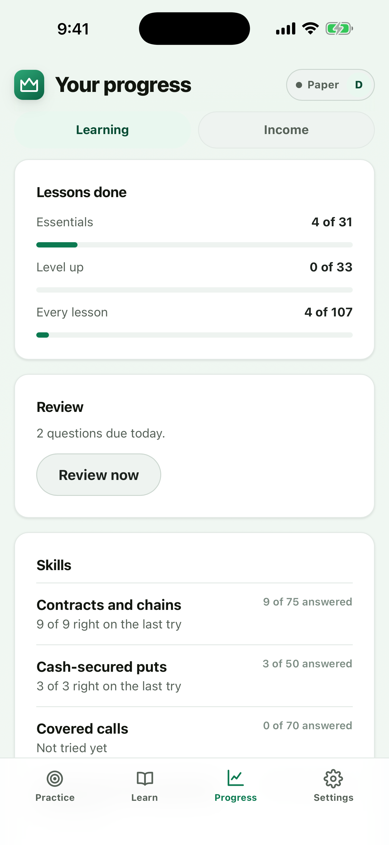OptionsKing Progress tab showing completed lessons, reviews and paper practice